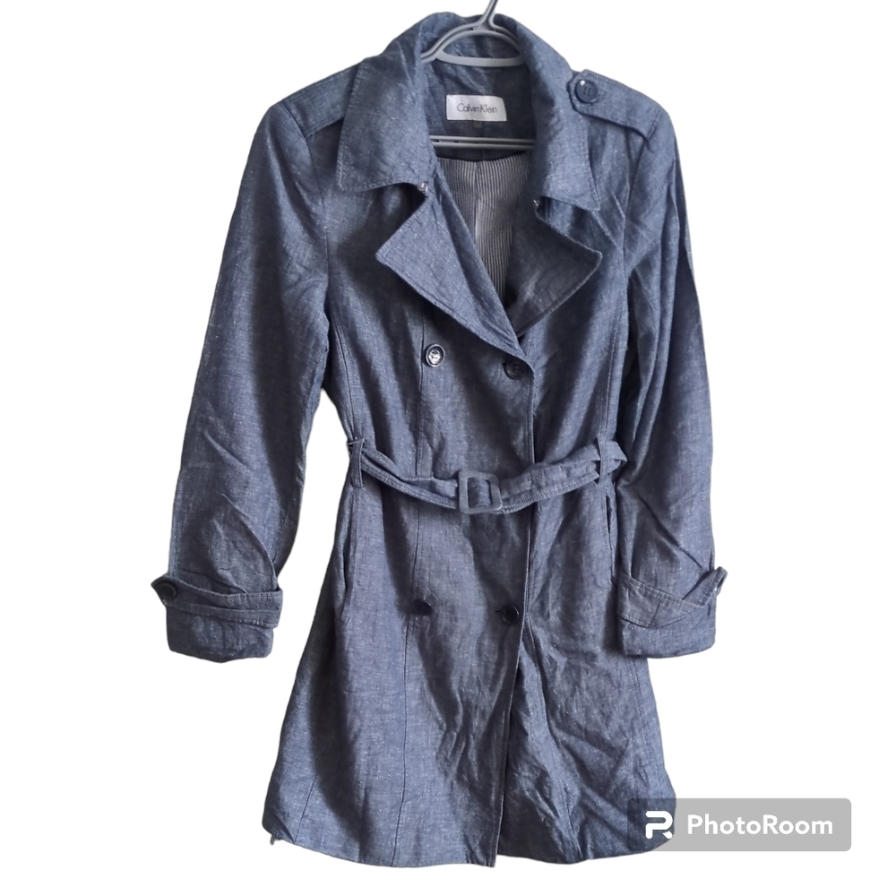 Calvin‎ Klein Chambray Double Breasted Cotton/Linen Trench Coat Size M